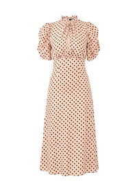 Pale Orange Vintage-Inspired Puff Sleeves Polka Dot Midi Dress