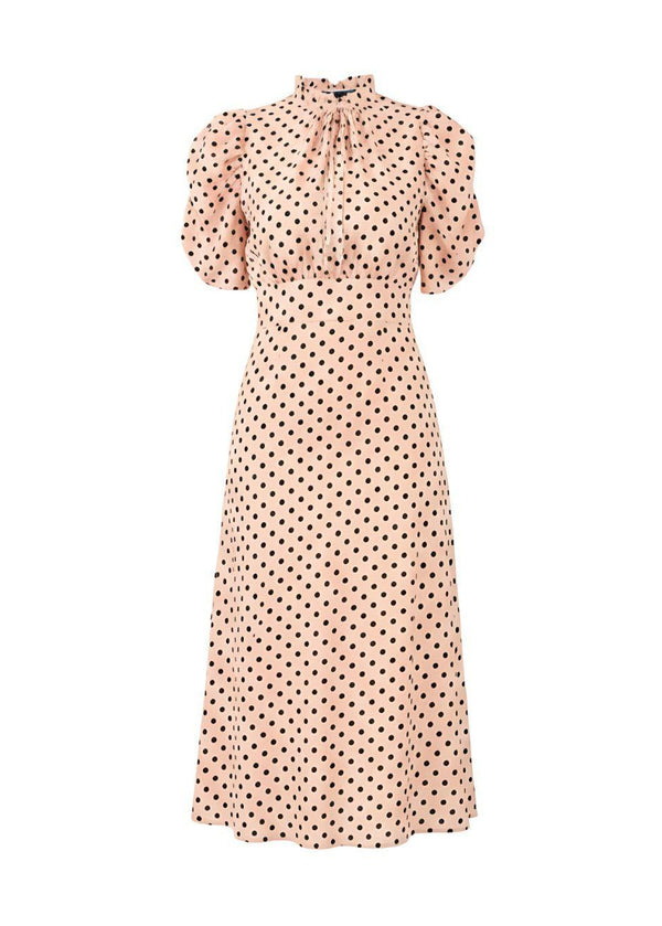 Vintage-Inspired Puff Sleeves Polka Dot Midi Dress