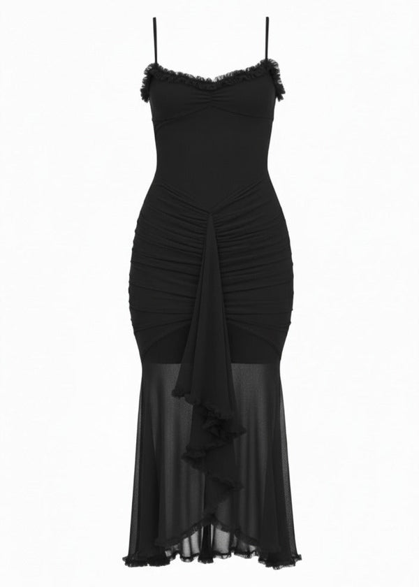 Black Ruched Bodycon Mesh Midi Dress
