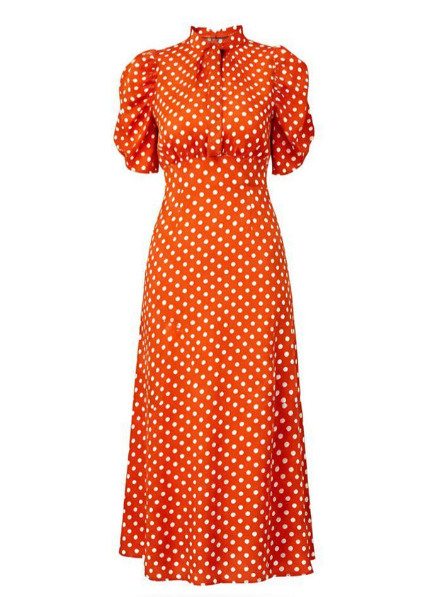 Orange Vintage-Inspired Puff Sleeves Polka Dot Midi Dress