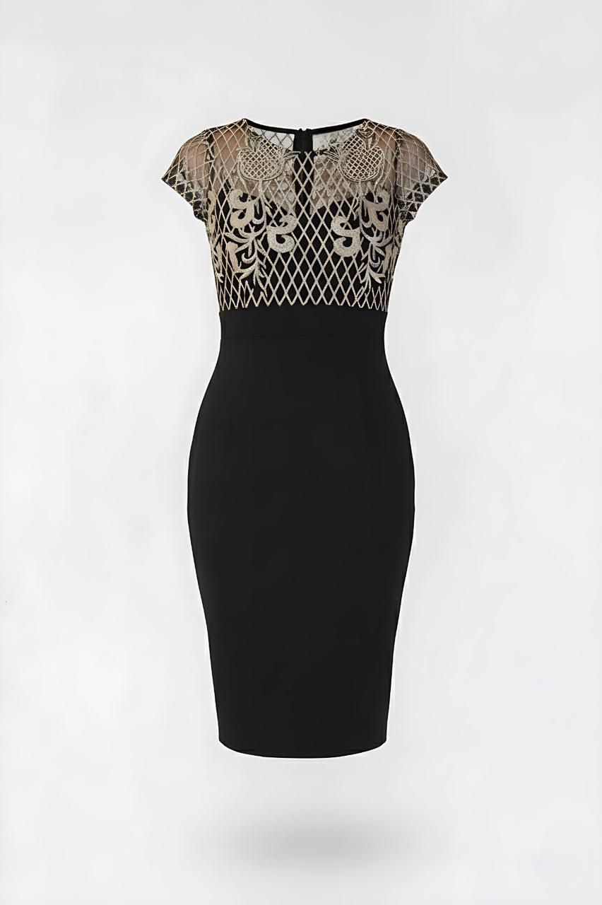Black Contrast Midi Dress With Embroidered Mesh Detail