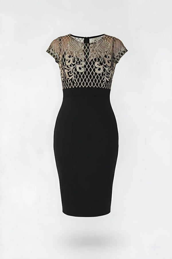 Black Contrast Midi Dress With Embroidered Mesh Detail