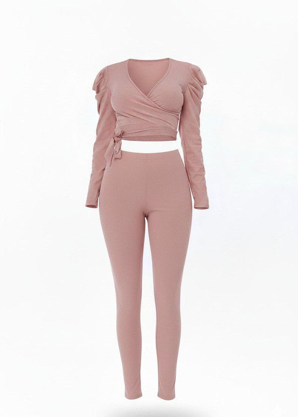 Blush Ruched Ribbed Wrap Crop Top and Leggings Co-ord Set
