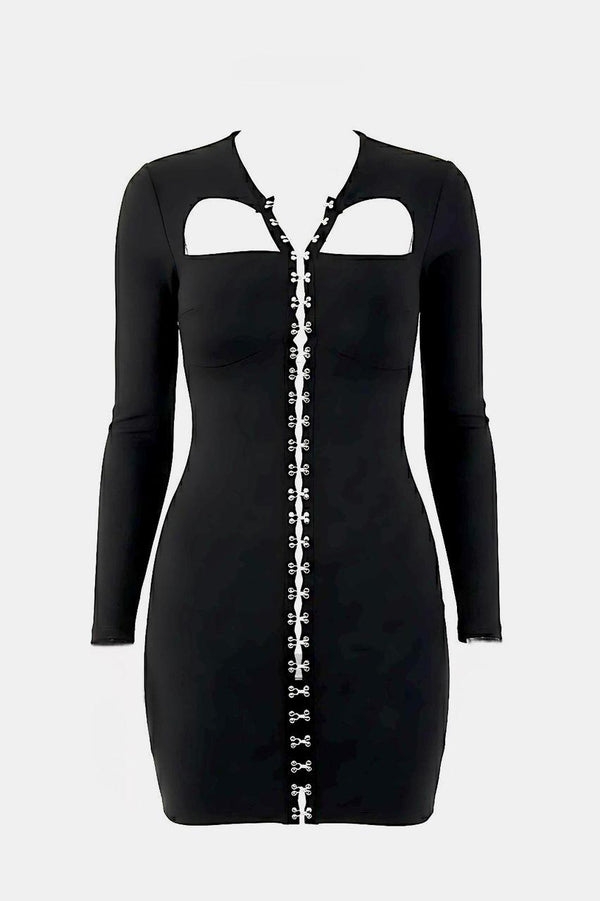 Black Hook and Eye Front Cut Out Long Sleeve Bodycon Mini Dress