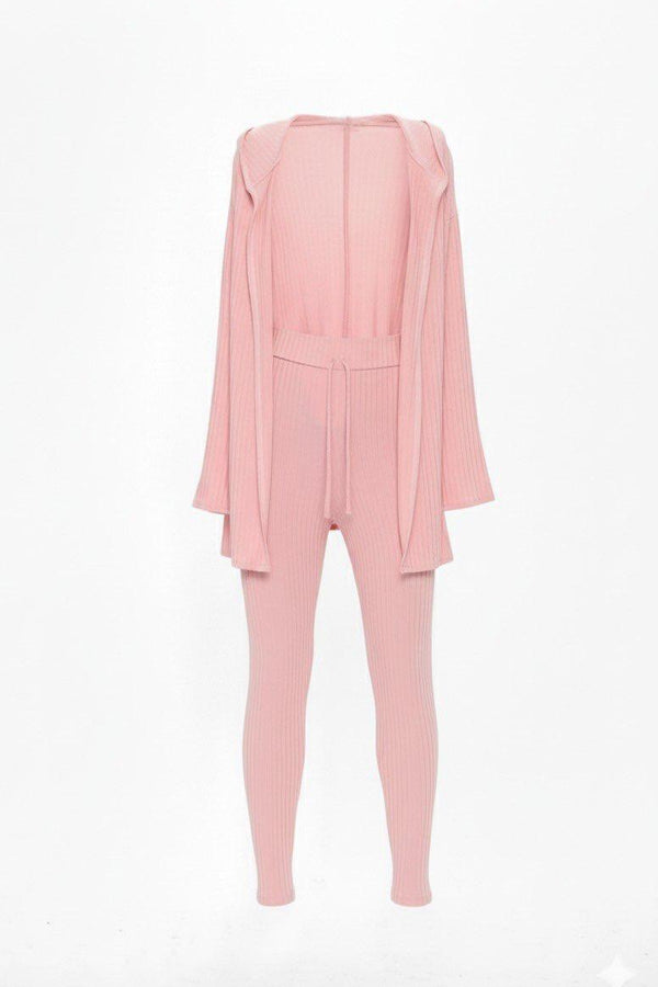 Pink Ribbed Loungewear Set with Hoodie Cardigan and Leggings