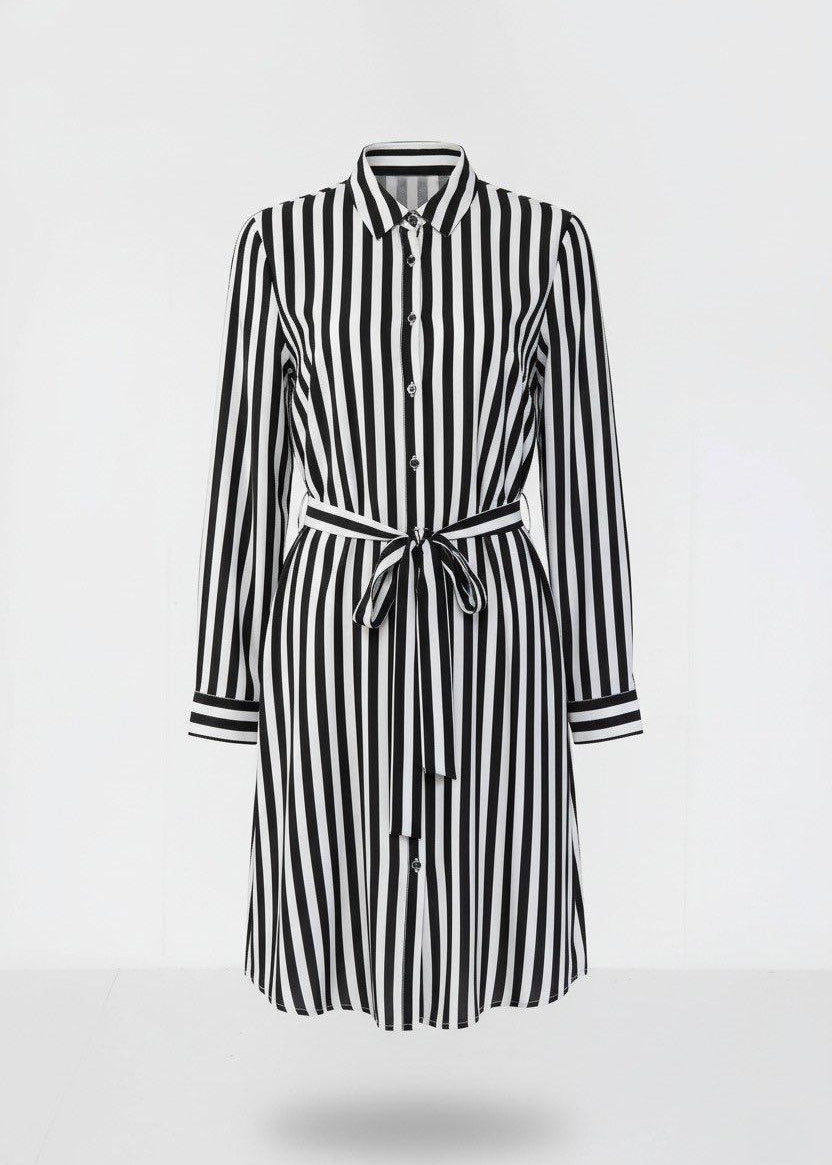 Black and White Striped Satin Shirt Dress with Belted Waist