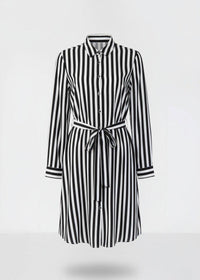 Black and White Striped Satin Shirt Dress with Belted Waist