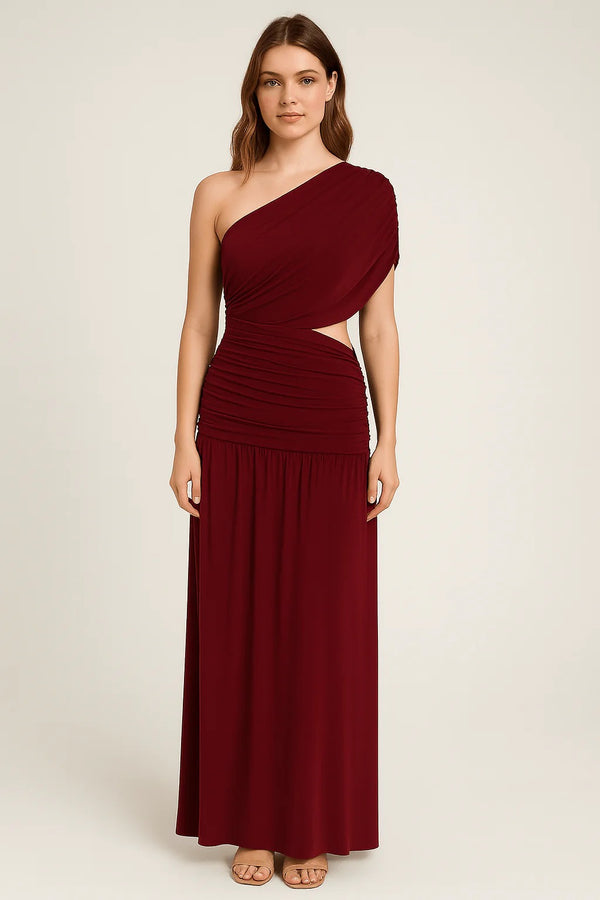 Wine One Shoulder Draping Detailed Side Cut Out Maxi Dress