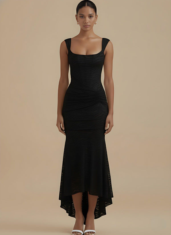 Black Mermaid Ruched Waist Sleeveless Flared Hi-Low Hem Dress