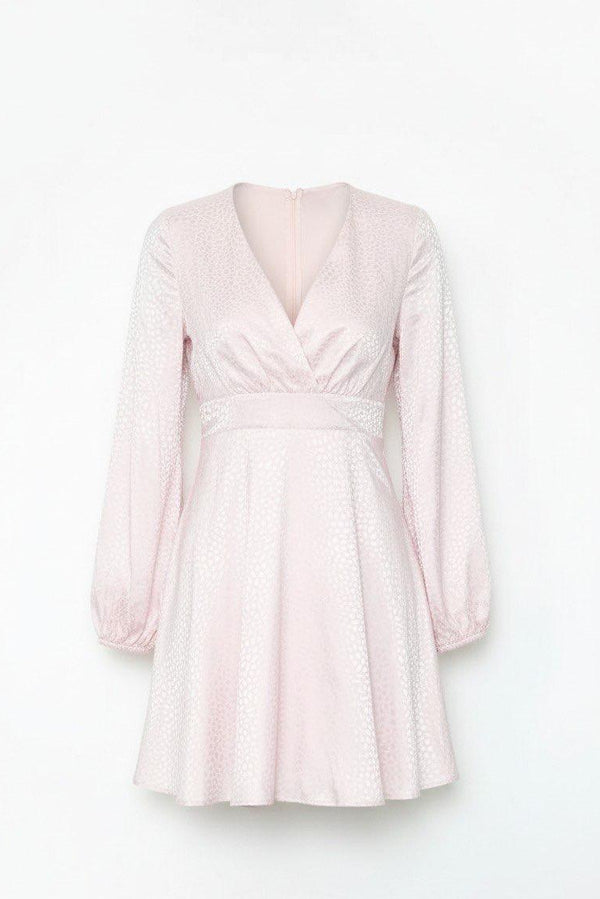 Pink Satin Stitched Waist Mini Dress Long Sleeve Flowing Silhouette