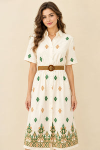 Women's White Embroidered Shirt Maxi Dress – Green & Beige Embroidery