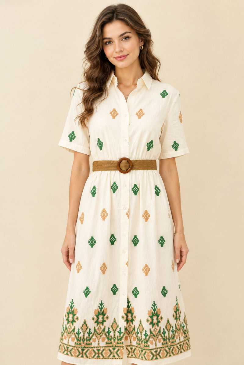 Women's White Embroidered Shirt Maxi Dress – Green & Beige Embroidery