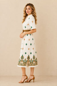 Women's White Embroidered Shirt Maxi Dress – Green & Beige Embroidery