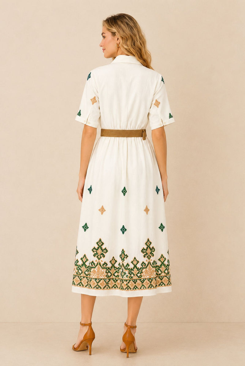 Women's White Embroidered Shirt Maxi Dress – Green & Beige Embroidery