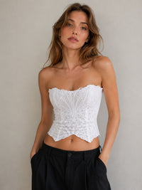 White Lace Bandeau Corset Top With Lace-Up Back