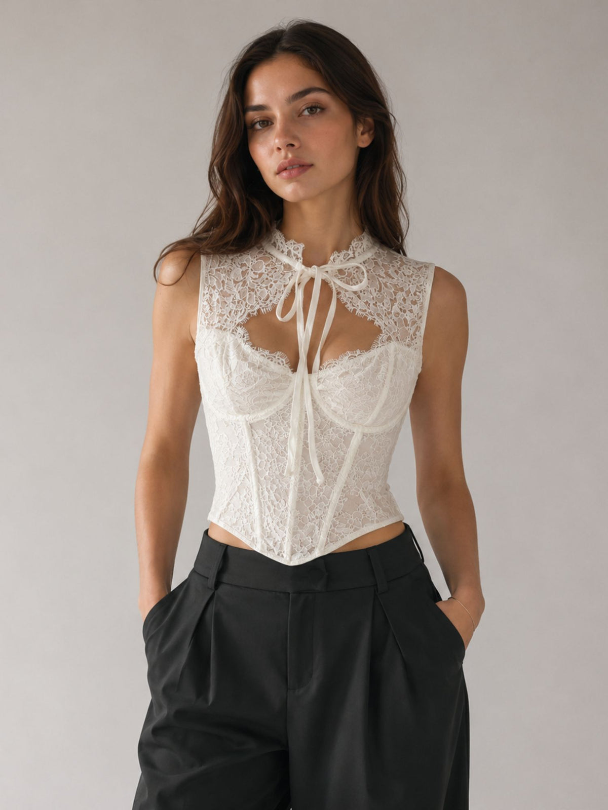 White Lace Tie-Neck Corset Top – Elegant Occasion Edition