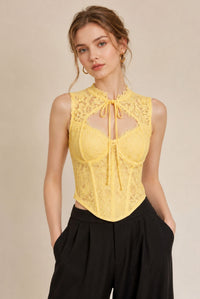 Yellow Lace Tie-Neck Corset Top - Elegant Occasion Edition