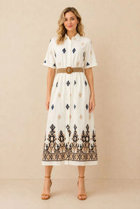 Women's White Embroidered Shirt Maxi Dress – Navy & Beige Embroidery