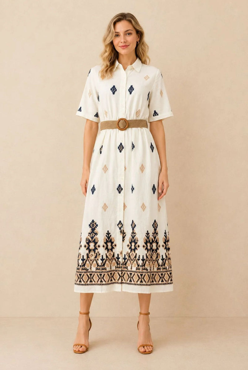 Women's White Embroidered Shirt Maxi Dress – Navy & Beige Embroidery