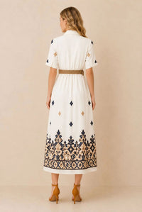 Women's White Embroidered Shirt Maxi Dress – Navy & Beige Embroidery