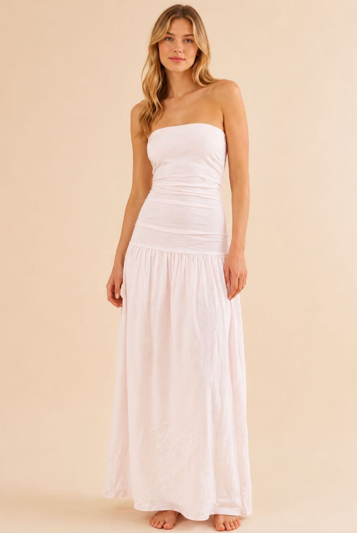 White Strapless Ruched Waist Maxi Dress