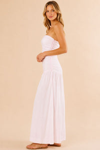 White Strapless Ruched Waist Maxi Dress
