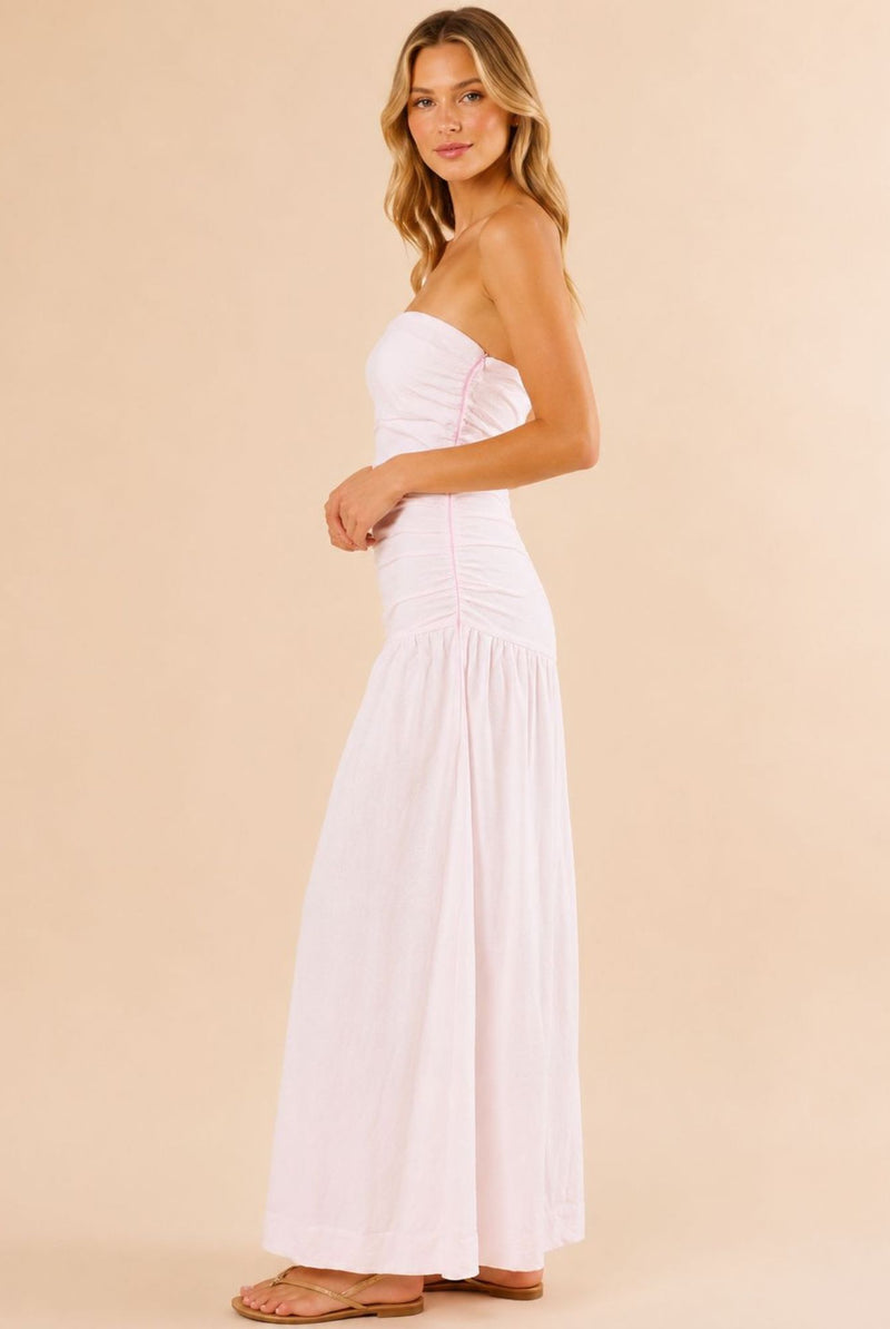 White Strapless Ruched Waist Maxi Dress