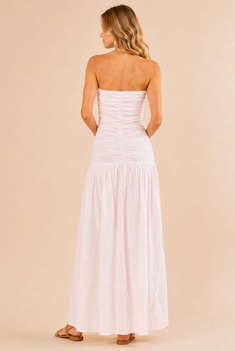 White Strapless Ruched Waist Maxi Dress