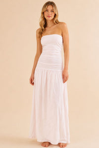 White Strapless Ruched Waist Maxi Dress