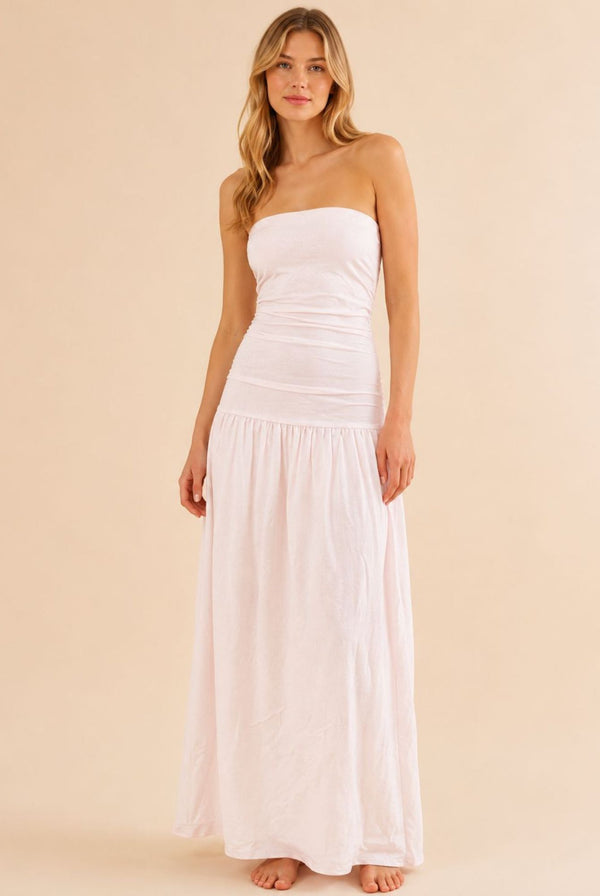 White Strapless Ruched Waist Maxi Dress