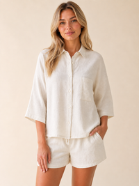 White Textured Linen Look Oversized Shirt Co-Ord