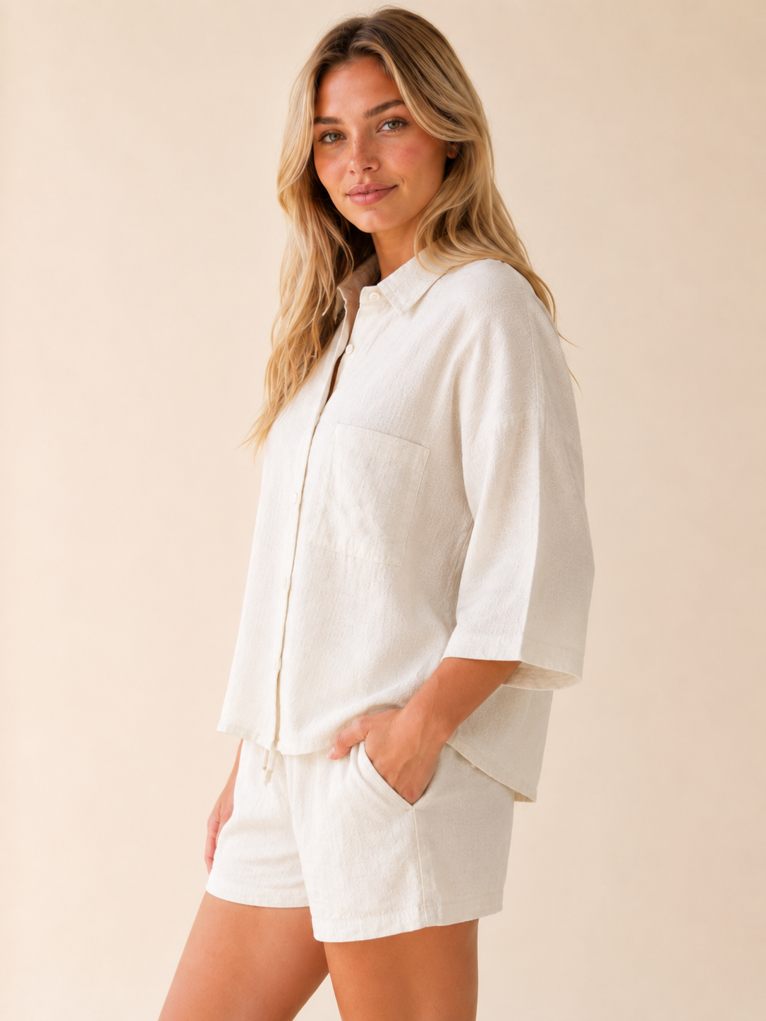White Textured Linen Look Elasticated Waist Shorts Co-Ord