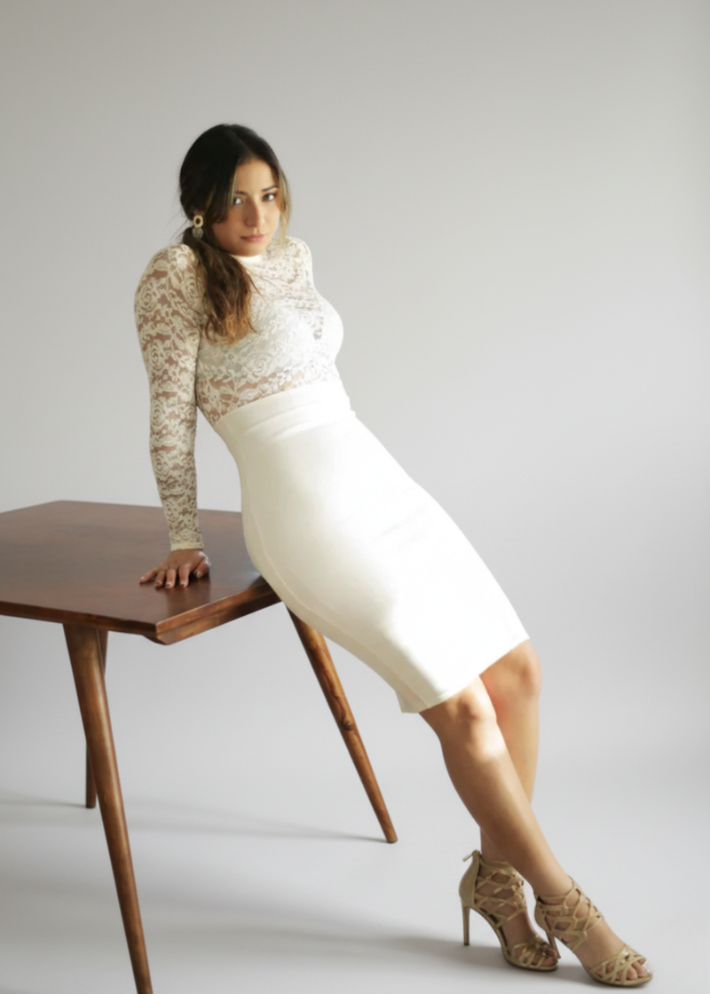White Lace High Neck Long Sleeve Bodycon Cocktail Dress