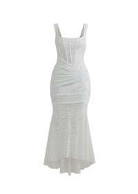 White Mermaid Ruched Waist Sleeveless Flared Hi-Low Hem Dress