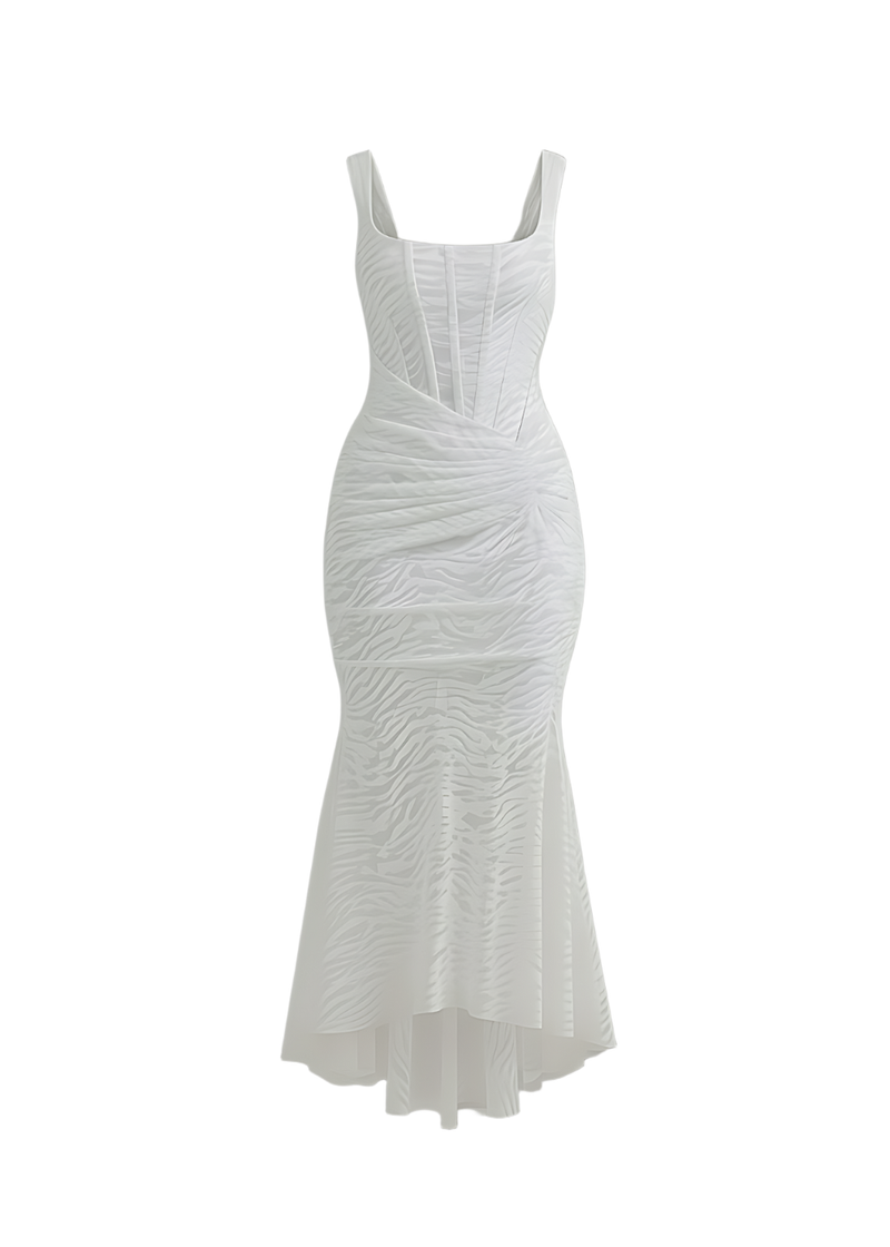 White Mermaid Ruched Waist Sleeveless Flared Hi-Low Hem Dress