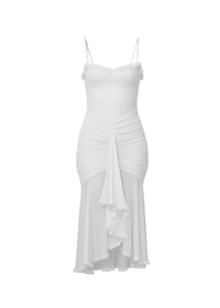 White Ruched Bodycon Mesh Classic Party Midi Dress