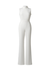 White Scuba High Neck Tie Waist Wide Leg Jumpsuit