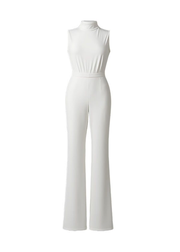 White Scuba High Neck Tie Waist Wide Leg Jumpsuit
