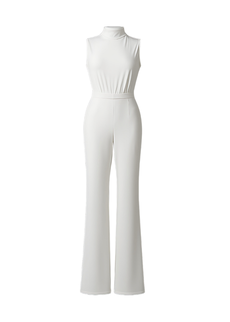 White Scuba High Neck Tie Waist Wide Leg Jumpsuit
