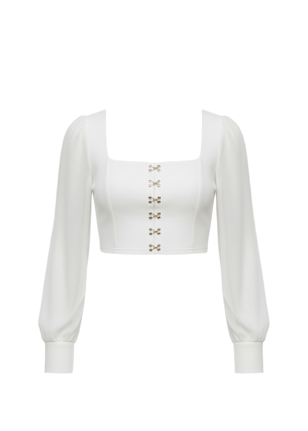 White Sheer Mesh Long Sleeve Hook and Eye Crop Top