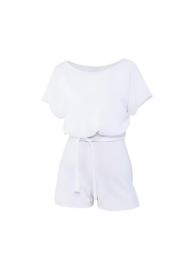 White Short Sleeve Tie Waist Playsuit with Belted Detail