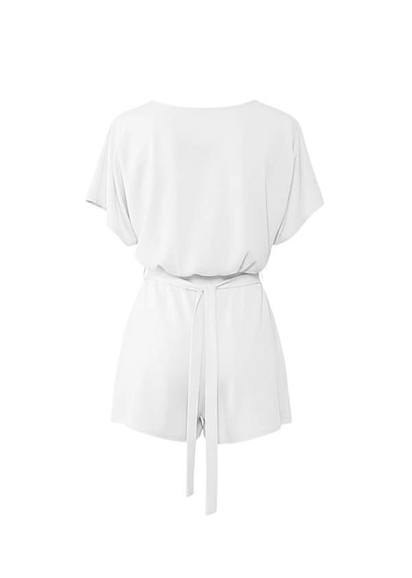 White Short Sleeve Tie Waist Playsuit with Belted Detail