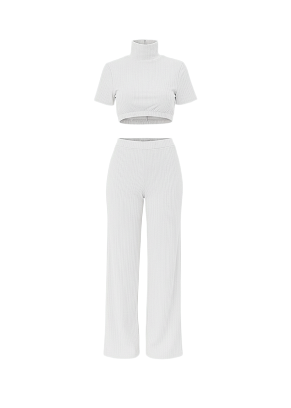 White Wide-Leg Trousers Co-Ord Set High Neck Short Sleeve T-Shirt