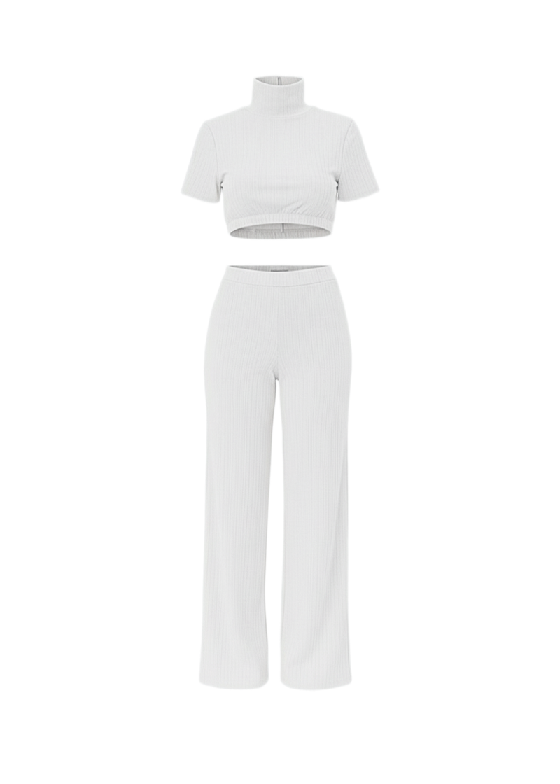 White Wide-Leg Trousers Co-Ord Set High Neck Short Sleeve T-Shirt