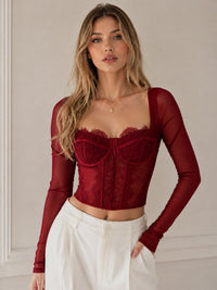 Wine Lace Corset Mesh Sleeve Top – Luxe Edition