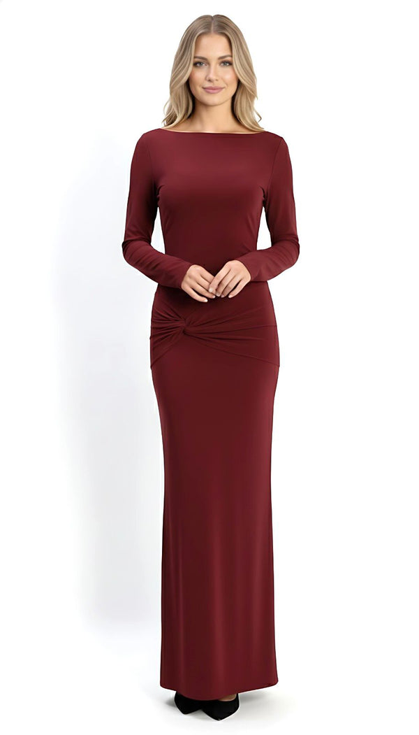 Wine Backless Slinky Knot Waist Bodycon Maxi Dress