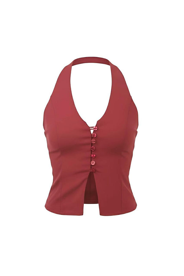 Wine Crepe Style Sleeveless Halter Top