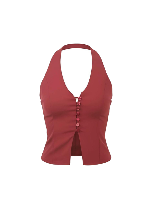 Wine Crepe Style Sleeveless Crop Halter Top