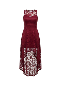Wine Floral Lace Asymmetrical Hem Party Dress