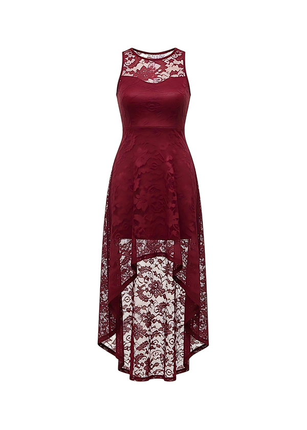 Wine Floral Lace Asymmetrical Hem Party Dress